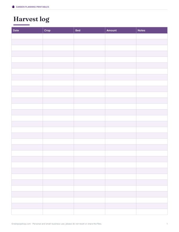 Preview of Printable Harvest Log